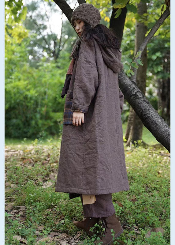 New Chocolate Plaid hooded Wear on both sides Pockets Winter Cotton Women Coat