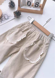 New Coffee Pockets Elastic Waist Corduroy Baby Crop Pants Spring