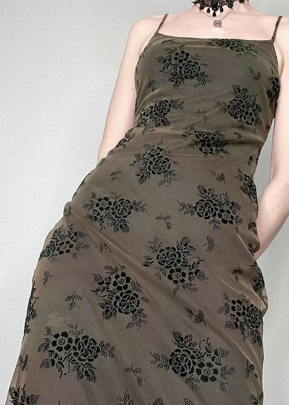 New Coffee Print Backless Patchwork Tulle Spaghetti Strap Dress Sleeveless