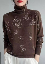New Coffee Turtleneck Print Cotton Knit Sweaters Fall