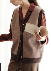 New Coffee V Neck Button Patchwork Cotton Knit Waistcoat Sleeveless