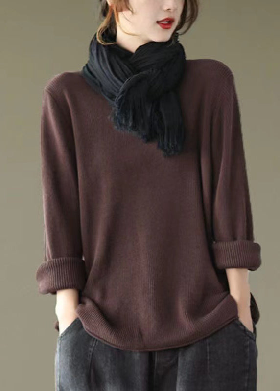 New Coffee V Neck Cozy Knitting Cotton Top Long Sleeve