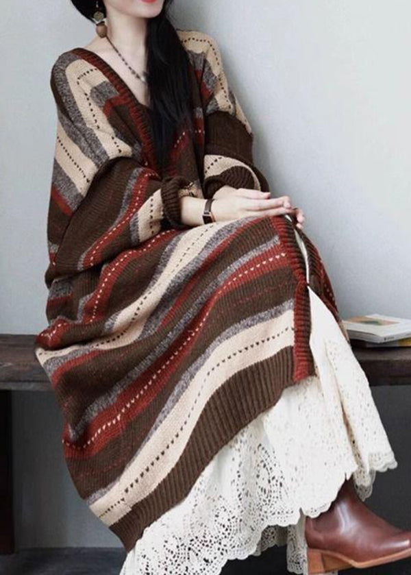 New Coffee V Neck Striped Button Patchwork Cozy Knit Loose Coat Fall