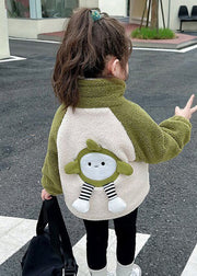 New Coffee Zippered Pockets Patchwork Fluffy Girls Coat Long Sleeve