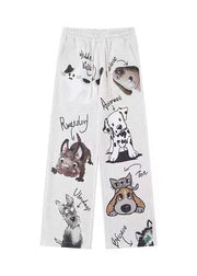 New Cute Dog Print Warm Fleece High Waist Sports Wide Leg Pants Spring