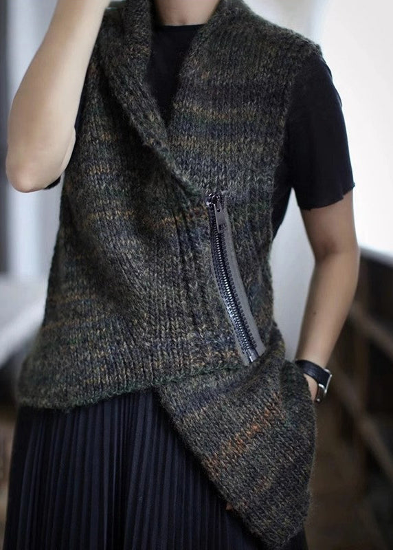 New Dark Gray Asymmetrical Zippered Cotton Knit Waistcoat Sleeveless
