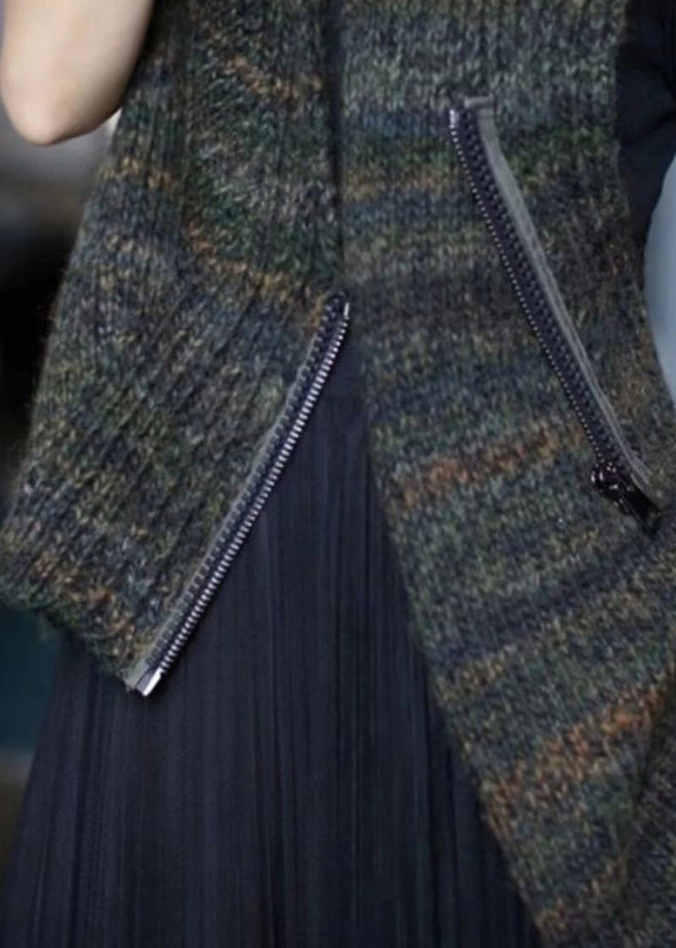 New Dark Gray Asymmetrical Zippered Cotton Knit Waistcoat Sleeveless