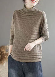 New Dark Khaki Turtleneck Patchwork Knitting Cotton Long Sleeve