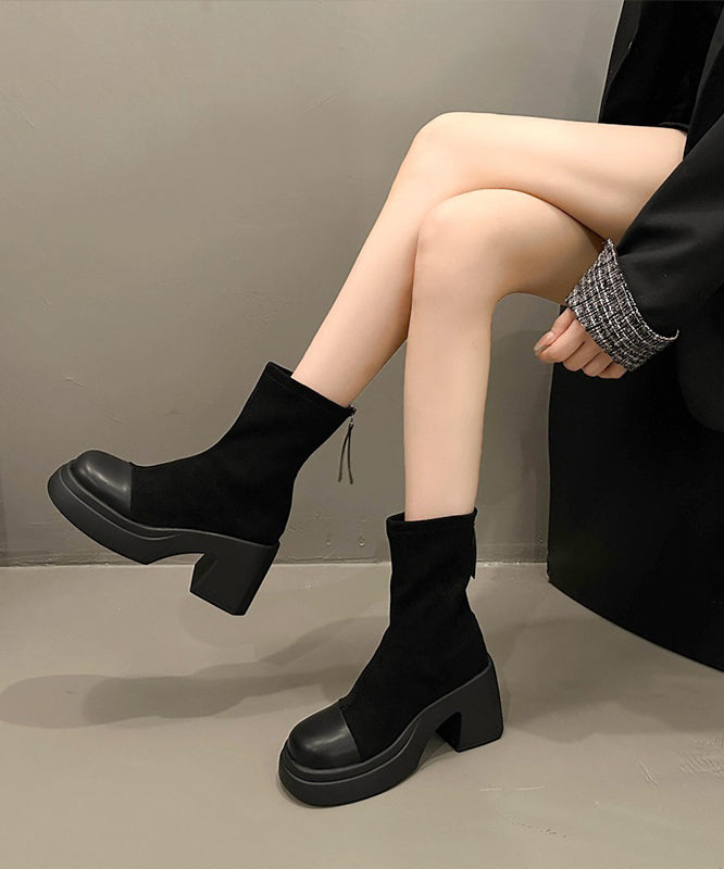 New French Black Zip Up Splicing Chunky Boots