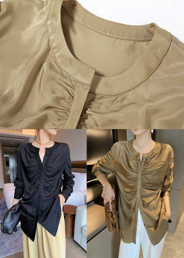 New Gold Button Wrinkled Patchwork Silk Shirt Tops Fall