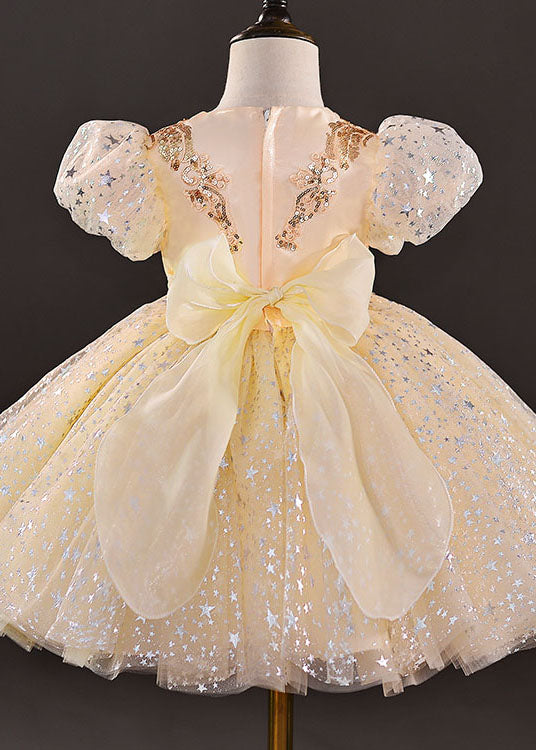 New Gold Sequins Wrinkled Bow Patchwork Tulle Kids Girls Party Dress Summer