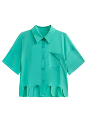 New Green Asymmetrical Button Patchwork Cotton Blouse Top Short Sleeve
