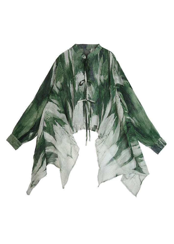 New Green Asymmetrical Lace Up Tie Dye Silk Shirt Tops Fall