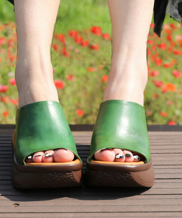 New Green Cowhide Leather Peep Toe Splicing Wedge Slide Sandals