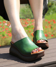 New Green Cowhide Leather Peep Toe Splicing Wedge Slide Sandals
