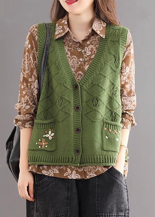 New Green Embroidered Pockets Patchwork Cotton Knit Waistcoat Sleeveless