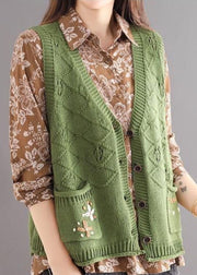 New Green Embroidered Pockets Patchwork Cotton Knit Waistcoat Sleeveless
