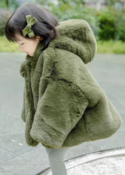 New Green Hooded Button Fuzzy Fur Girls Coat Spring