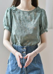 New Green O Neck Ruffled Patchwork Lace Shirt Tops Summer