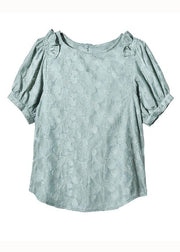New Green O Neck Ruffled Patchwork Lace Shirt Tops Summer