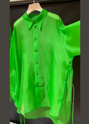 New Green Peter Pan Collar Button Patchwork Silk Shirt Fall