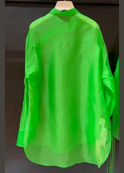 New Green Peter Pan Collar Button Patchwork Silk Shirt Fall