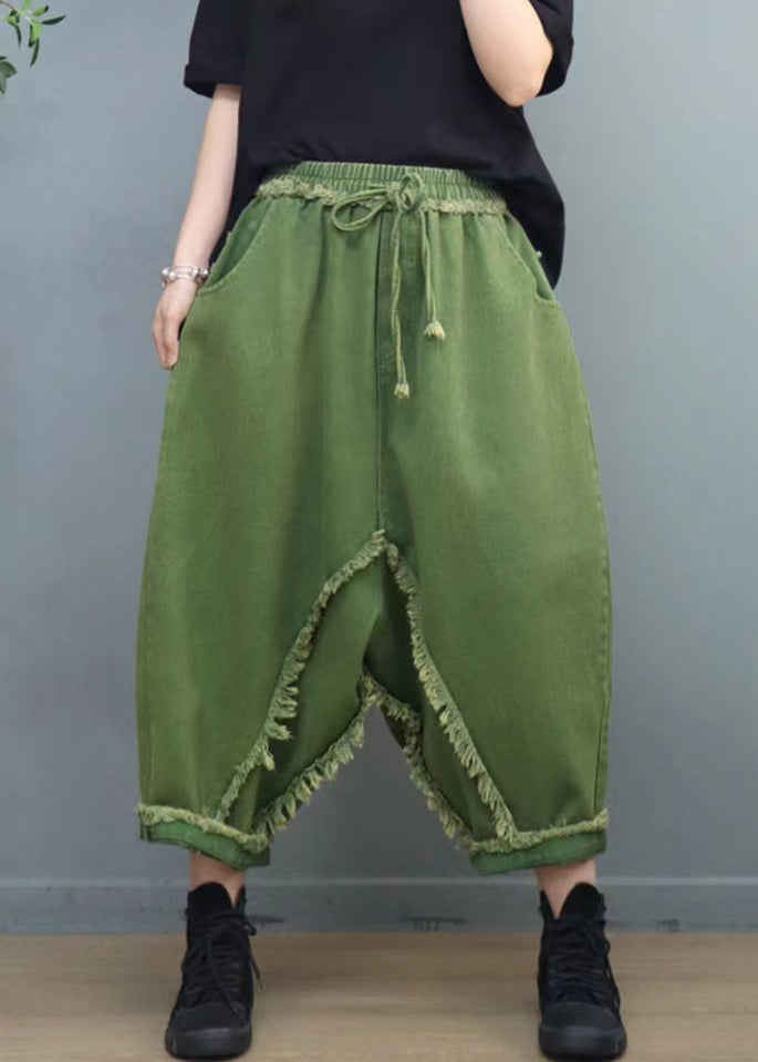 New Green Pockets Lace Up Elastic Waist Denim Pants Summer