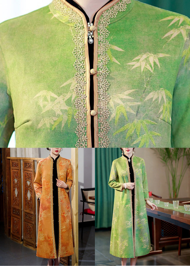 New Green Print Button Pockets Patchwork Long Coats Fall