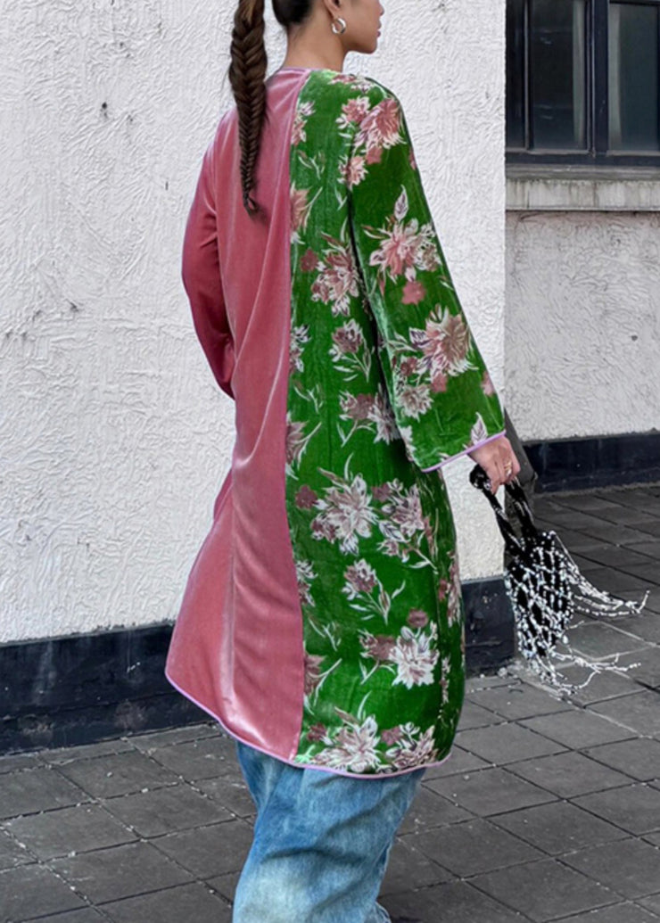 New Green Print Side Open Patchwork Silk Velvet Dress Long Sleeve