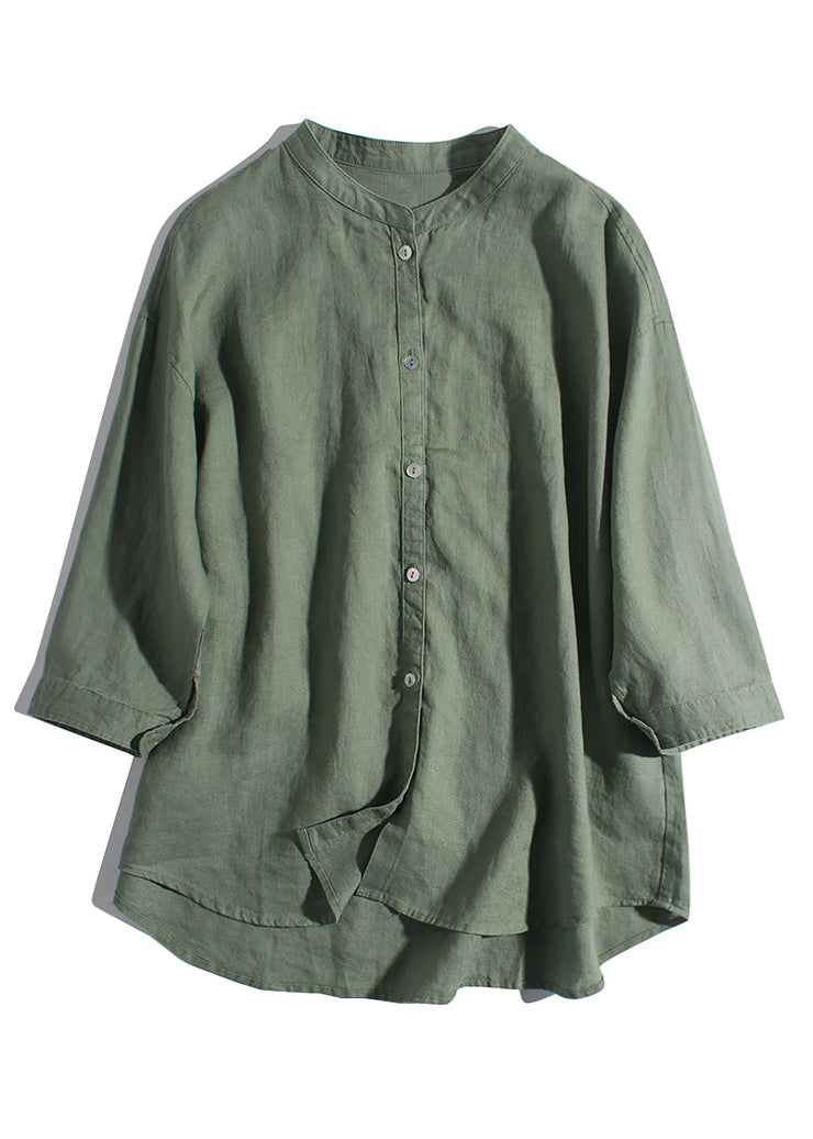 New Green Solid Button Pockets Linen Shirts Summer
