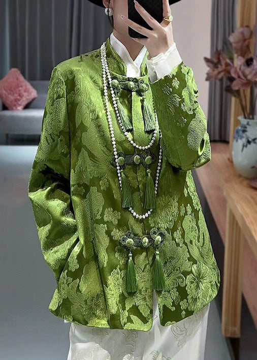 New Green Solid Print Chinese Button Silk Tops Spring