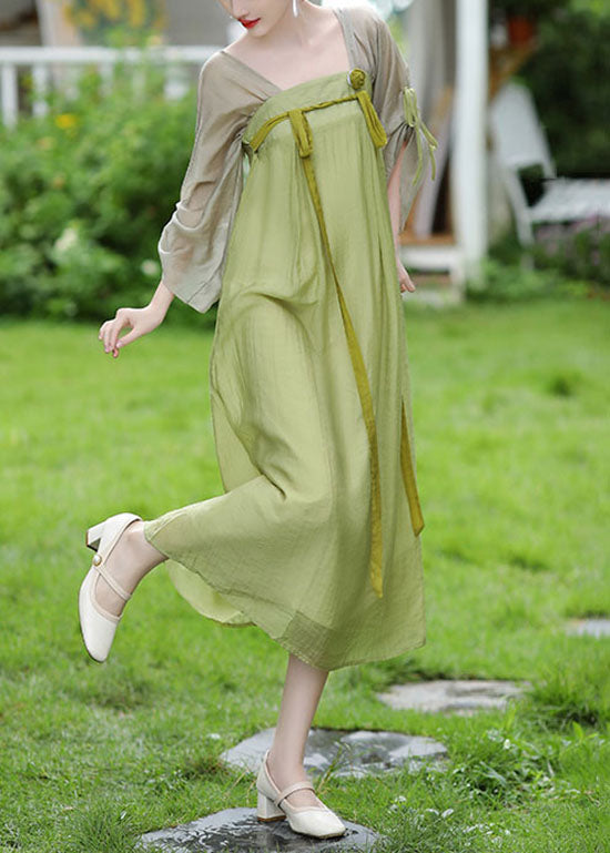 New Green Square Collar Lace Up Patchwork Chiffon Dress Flare Sleeve