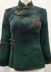 New Green Stand Collar Chinese Button Print Silk Tops Fall