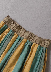 New Green Striped Hollow Out Lace Patchwork Linen Skirts Spring