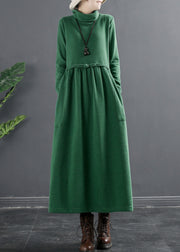 New Green Turtleneck Lace Up Cotton Knit Maxi Dresses Winter