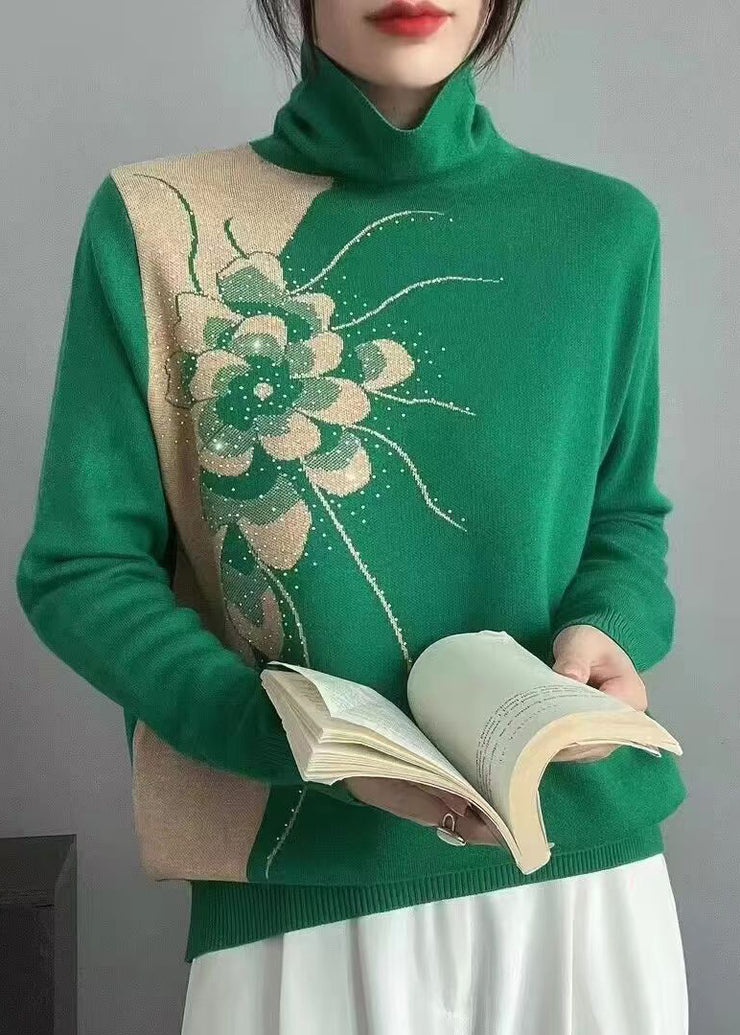 New Green Turtleneck Patchwork Cozy Wool Knit Top Long Sleeve