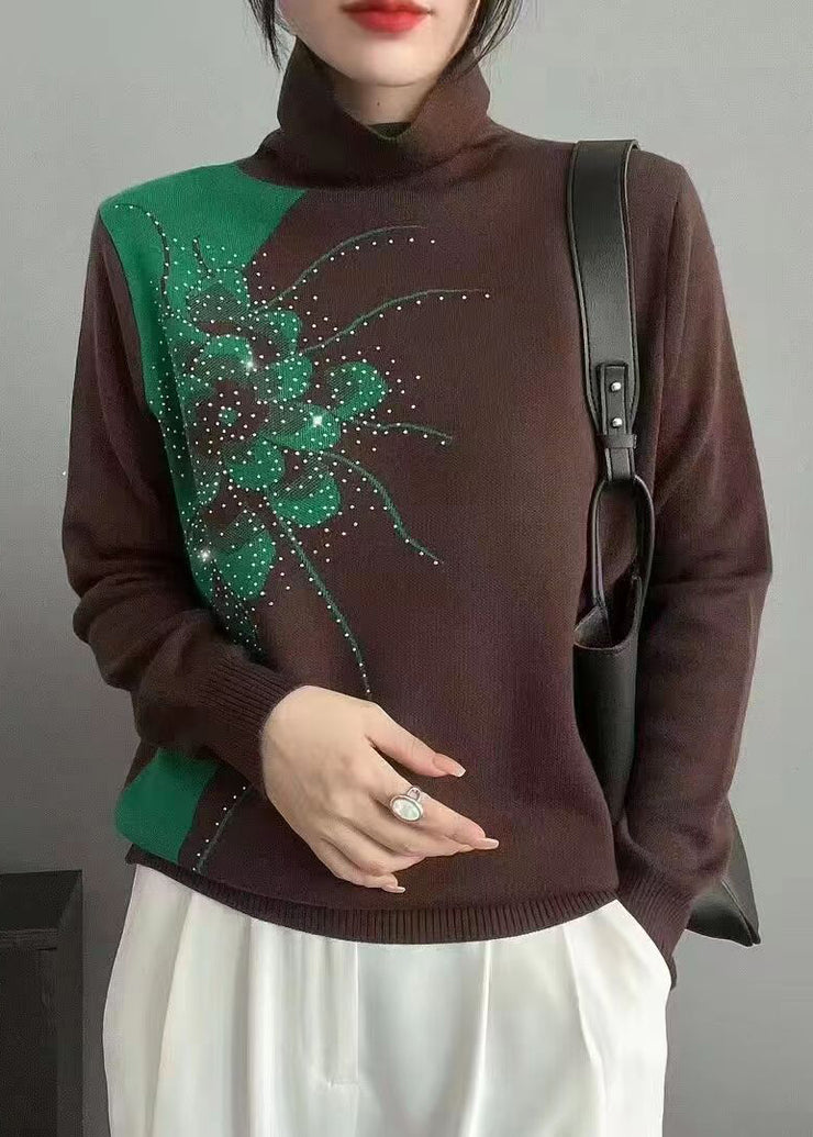 New Green Turtleneck Patchwork Cozy Wool Knit Top Long Sleeve