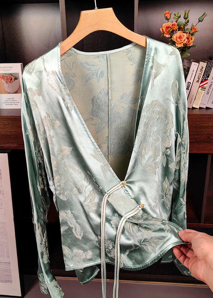 New Green V Neck Print Chinese Button Silk Tops Long Sleeve
