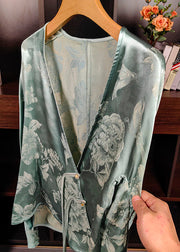 New Green V Neck Print Chinese Button Silk Tops Long Sleeve