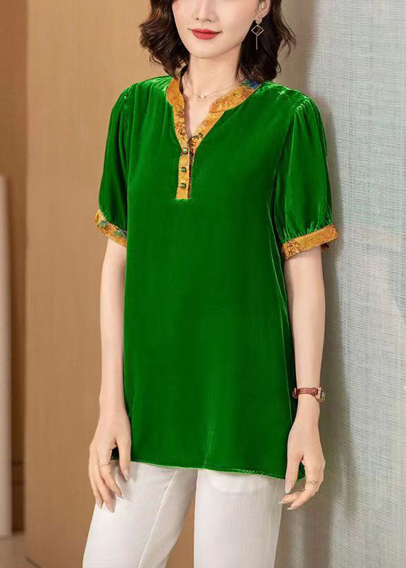 New Green V Neck Print Patchwork Silk Velour Blouses Short Sleeve