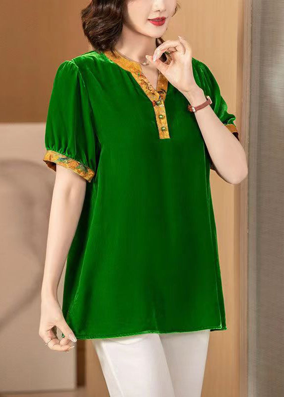 New Green V Neck Print Patchwork Silk Velour Blouses Short Sleeve