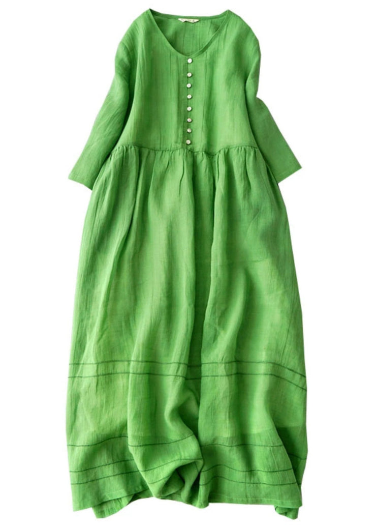 New Green V Neck Solid Linen Long Dress Bracelet Sleeve