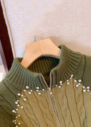 New Green Zip Up Zircon Patchwork Cotton Knit Top Long Sleeve