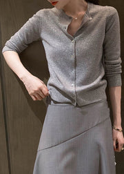 New Grey Button Bright Silk Knit Cardigan Long Sleeve
