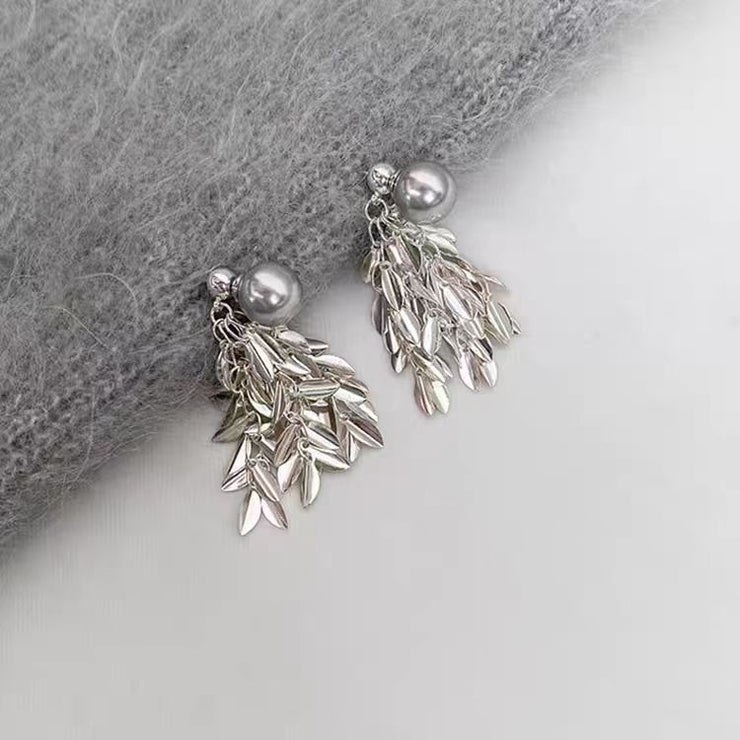 New Grey Copper Silver Plated Pearl Tassel Drop Earrings