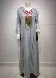 New Grey Ethnic Style Sequined Embroidered V Neck Long Dress