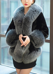 New Grey Fur Collar Pockets Patchwork Mink Velvet Coats Winter