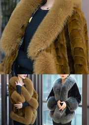 New Grey Fur Collar Pockets Patchwork Mink Velvet Coats Winter