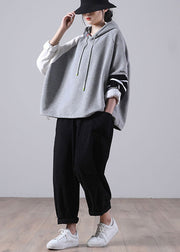 New Grey Hooded Drawstring Patchwork Fall Sweatshirts