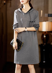 New Grey Hooded Pockets Patchwork Cotton Dresses Fall